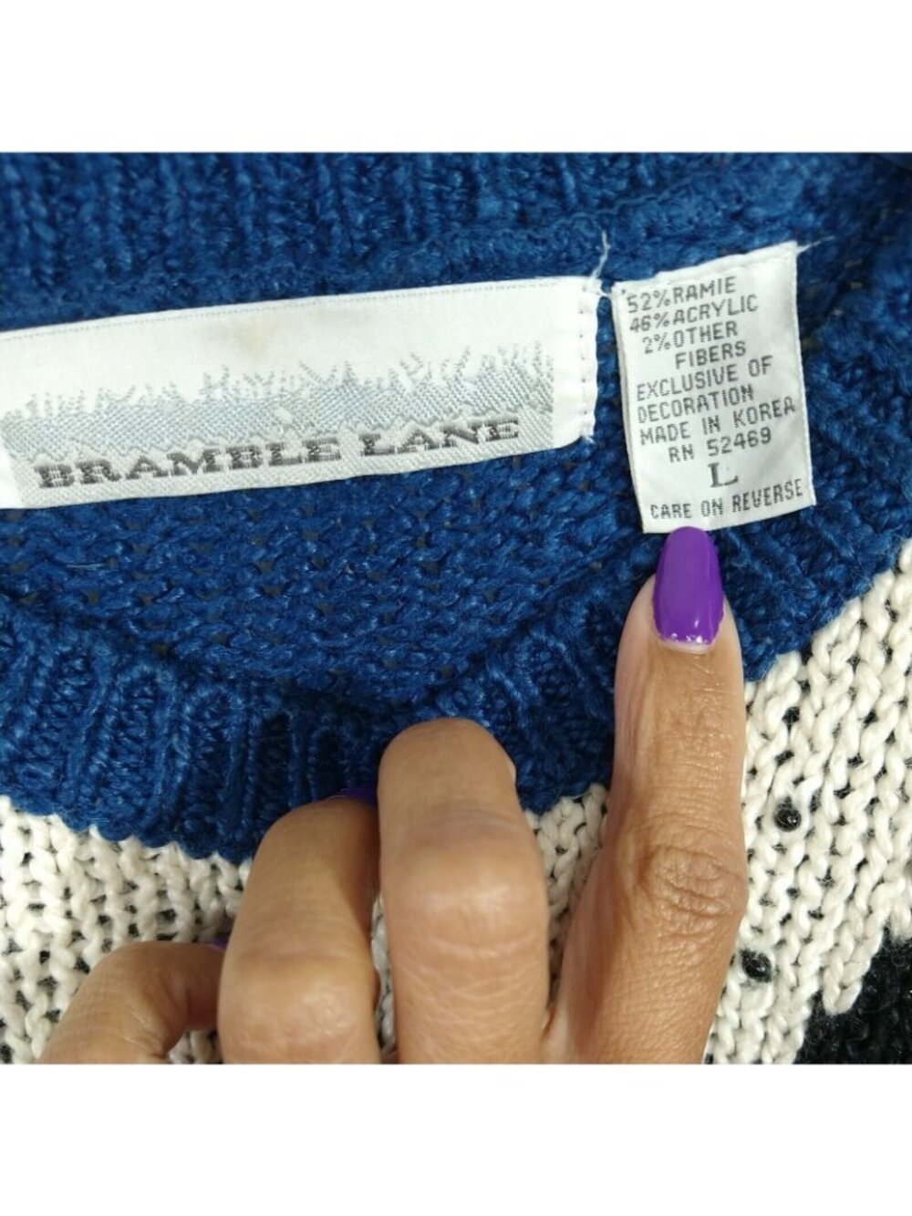 Vtg Bramble Lane Sweater Beaded Women Size L Blue Geometric Metallic Long Slv - Picture 5 of 8